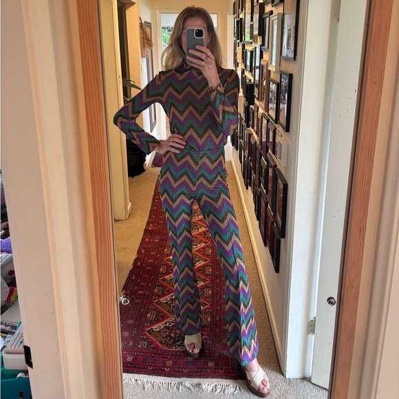 70’s Inspired Disco Metallic Multicolour Zig Zag Flare One Piece Jumpsuit Set - Picture 14 of 16